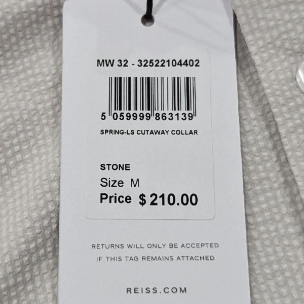 $210 Mens REISS "Spring" Seersucker LS Button Up Shirt Stone Medium - Picture 5 of 5